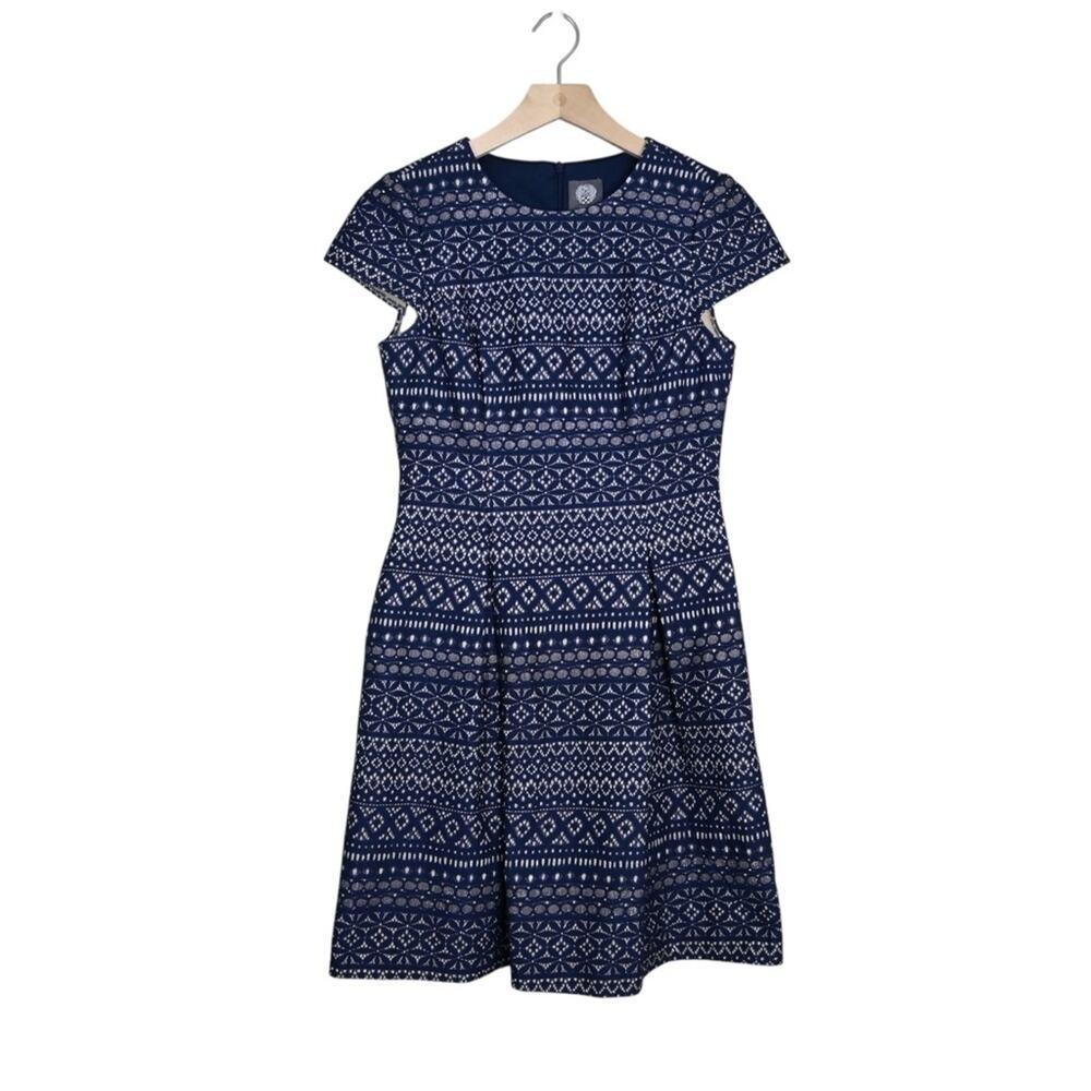 Vince Camuto Women's 6 Fit & Flare Navy with Gold Embossed Geometric Print Dress
